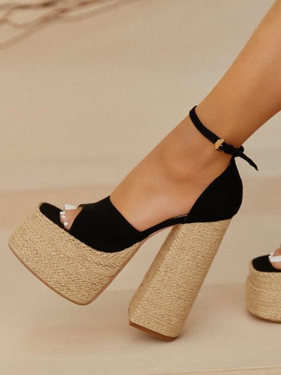 Lemonade Shoes - NEW🔥 Black Open Toe Raffia Double Platform Chunky Block Heel Sandal Ankle Strap